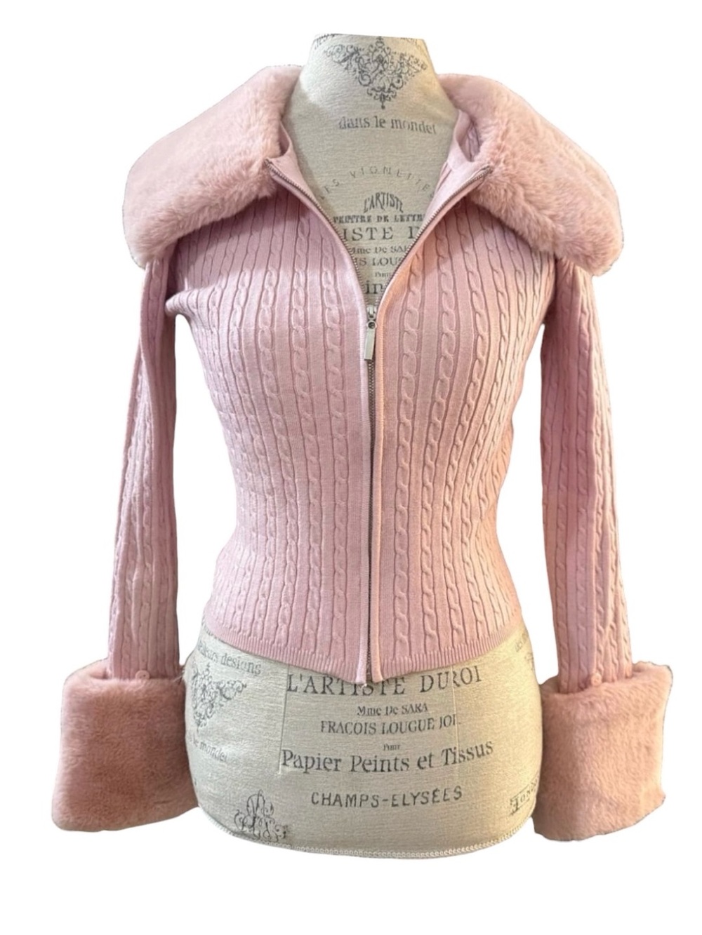 Entro | Pink Stretchy Knit Zip Front Sweater with Faux Fur Collar and Cuffs